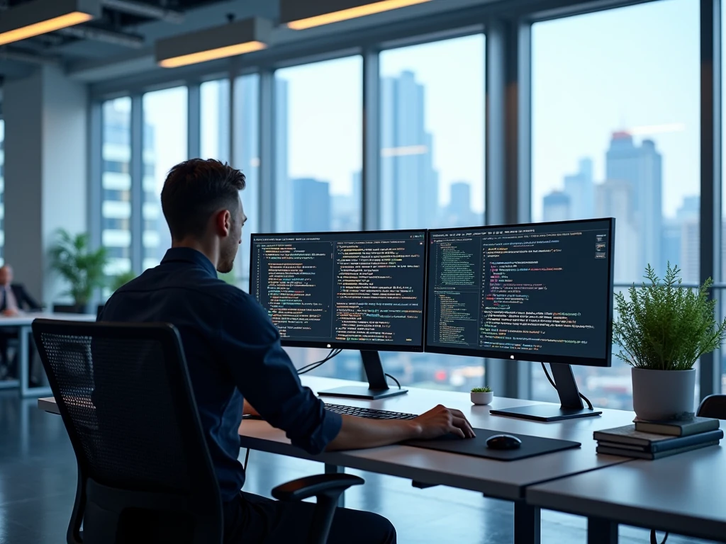 Programming workspace with code on screen