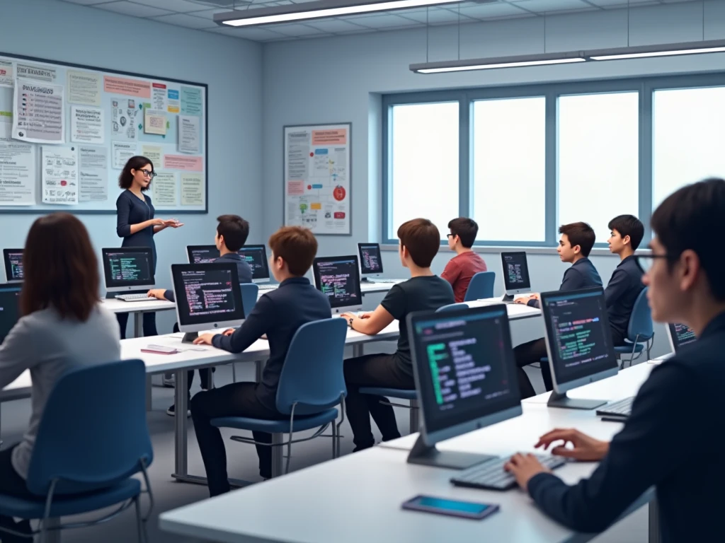 Modern classroom with students learning programming